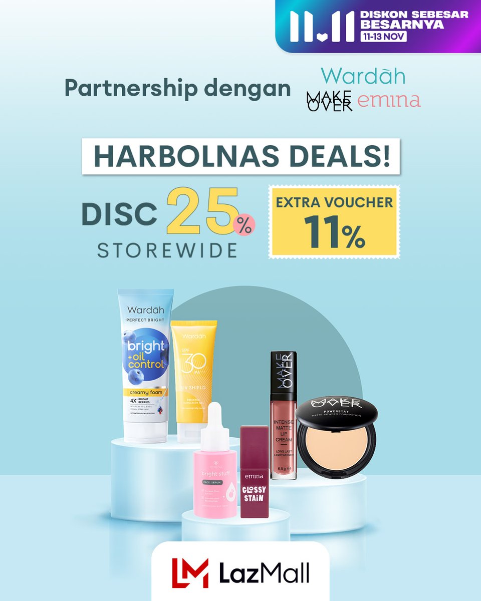 LazadaID's tweet photo. Banyak banget diskon di Lazada, nih, Lazadians! Beli produk dari Wardah, Emina &amp; Make Over ada Diskon 25% dan Extra Voucher 11% loh 🤩 Ini mantul abis! Cus, beli sekarang: https://t.co/tKZwfi3Vcr 

#LazadaID1111 #DiskonSebesarBesarnya #TambahKeHidupmu #LazadaID https://t.co/2hcnjDe9Mc