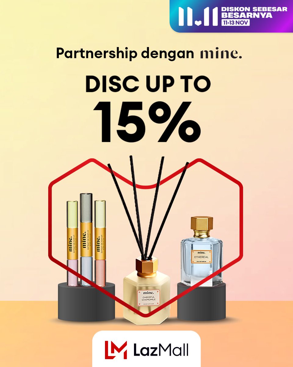 LazadaID's tweet photo. Lazadians, kamu suka koleksi parfum? Pas banget! Produk dari Mine lagi diskon di LazMall, loh 😍 Dapatkan Diskon Hingga 15%. Tunggu apa lagi? Beli sekarang: https://t.co/gkLvguG6bF 

#LazadaID1111 #DiskonSebesarBesarnya #TambahKeHidupmu #LazadaID https://t.co/6OBdEZ9arq