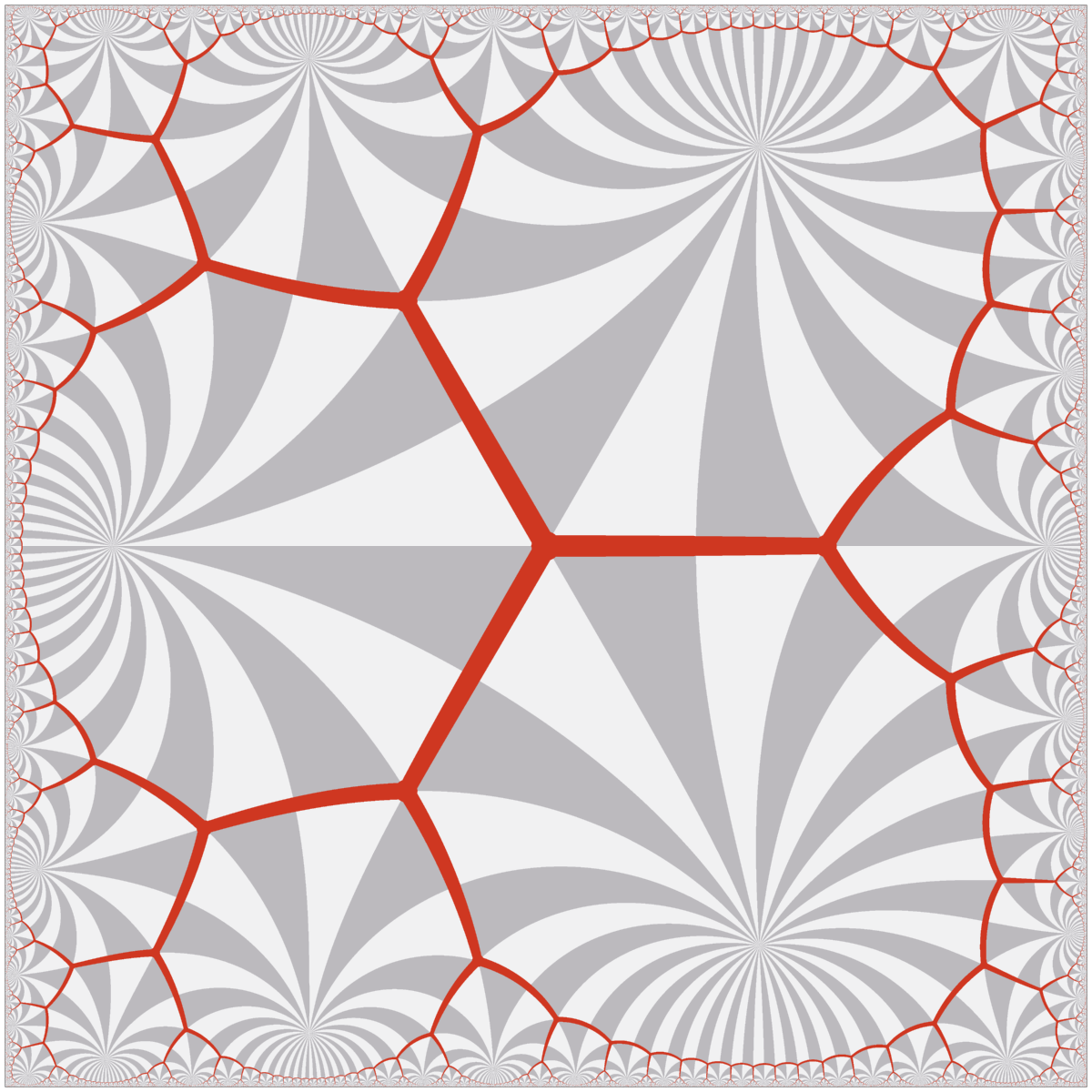 TilingBot's tweet image. #Hyperbolic #tiling shown in the conformal square projection. Regular {21,3}.