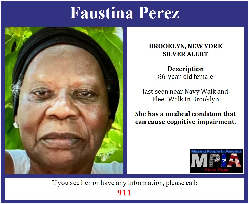 MissingPeopleAA's tweet photo. BROOKLYN, NEW YORK SILVER ALERT
Faustina Perez
Source: NYPD / NYC EM
#MPIA_Alert #NYmissing #SilverAlert https://t.co/UOq1cmQJtQ