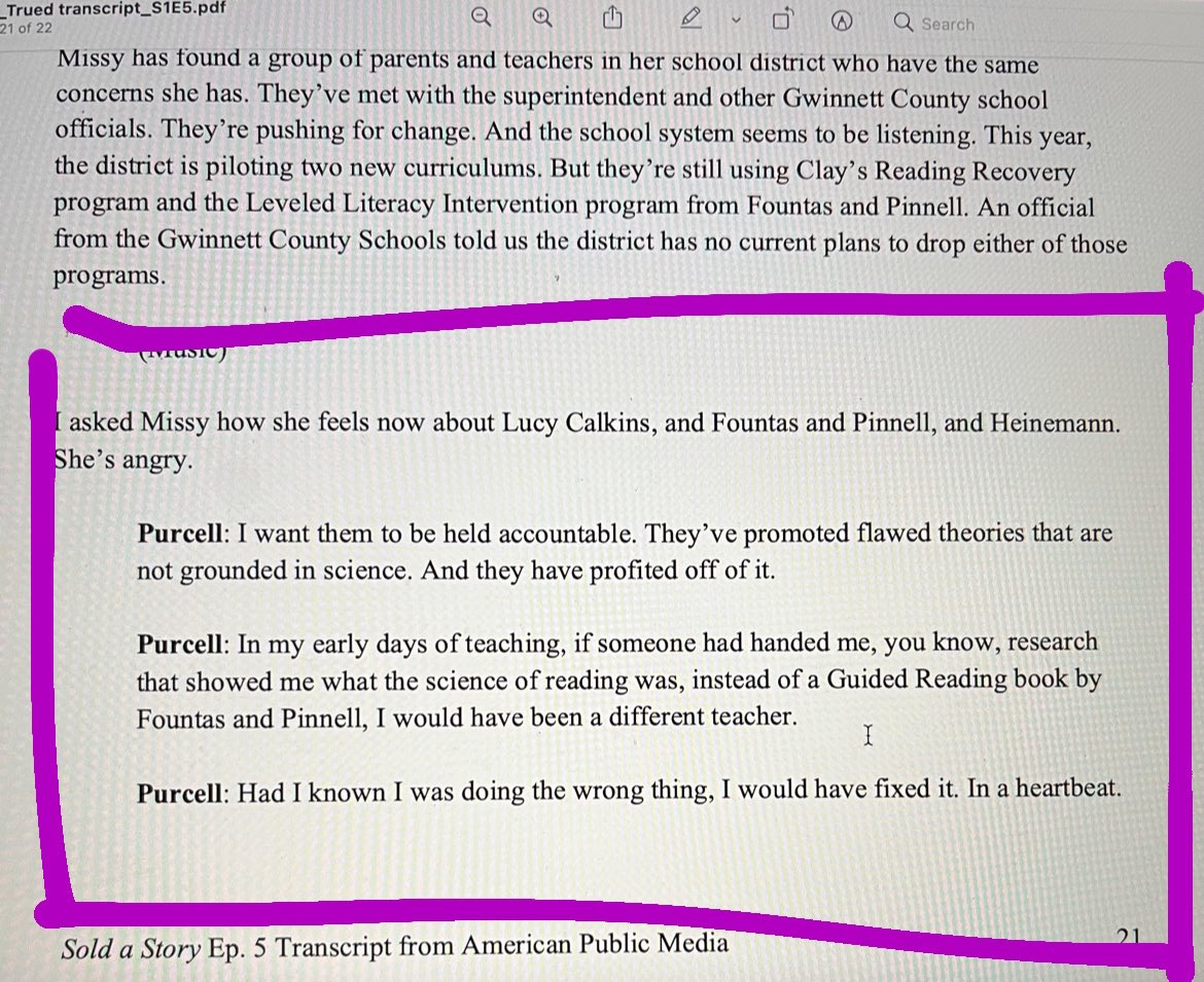 A small transcript from <a href="/ehanford/">Emily Hanford</a>’s Sold a Story podcast that sums up exactly how I feel having spent nine years teaching balanced literacy and all the students I failed. Anger, shame, sorrow. It’s not fair that we weren’t taught this properly at University. 💔😔