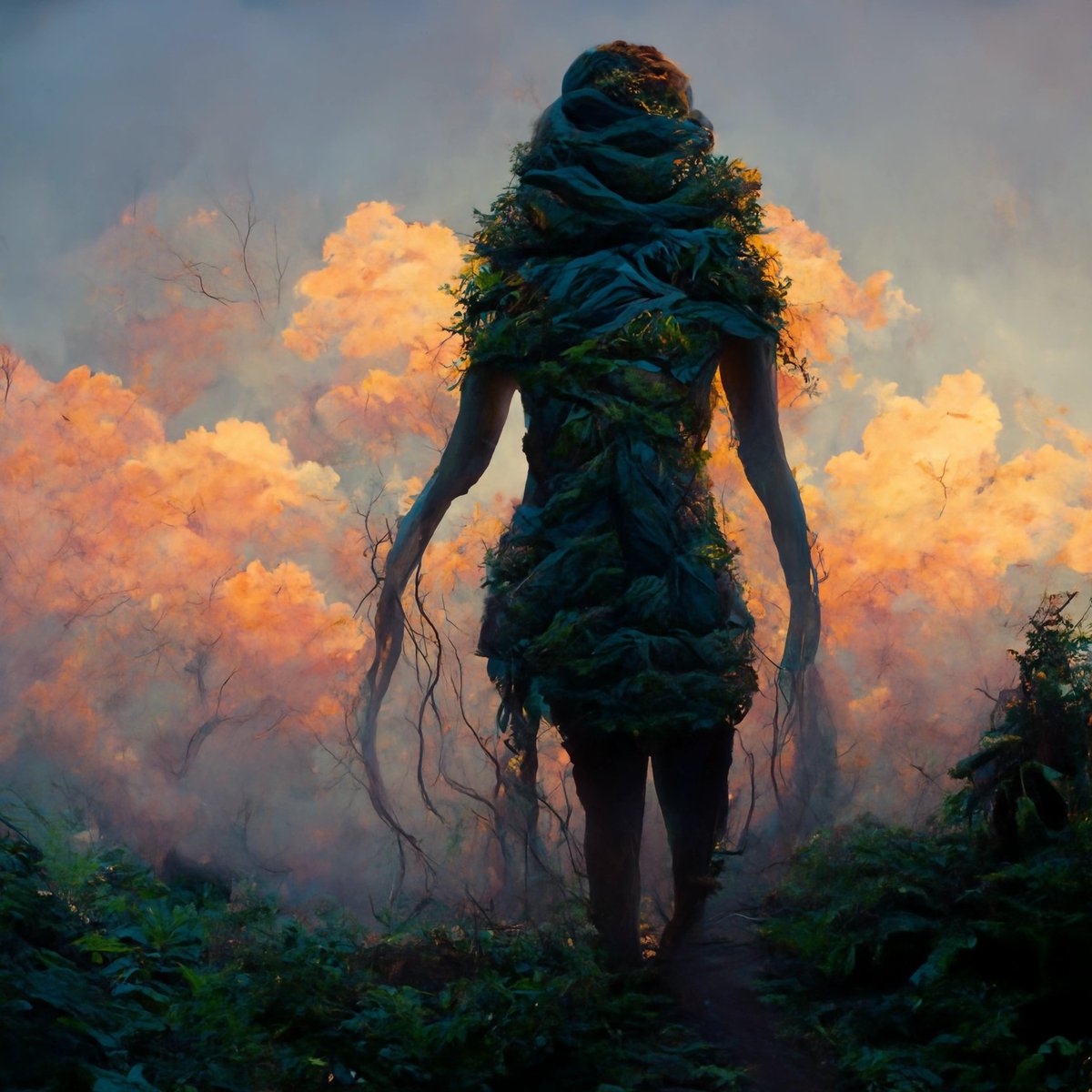 Couplandrob's tweet photo. Giant female mother nature creature walking through forest, volume metric clouds and mountains in realism. Painterly. Realistic lighting blending colors in their true form. Peaceful Realistic and dramatic morning sunrise. Worm eye view. Creature taking shape of female human. https://t.co/RpCSNolma0