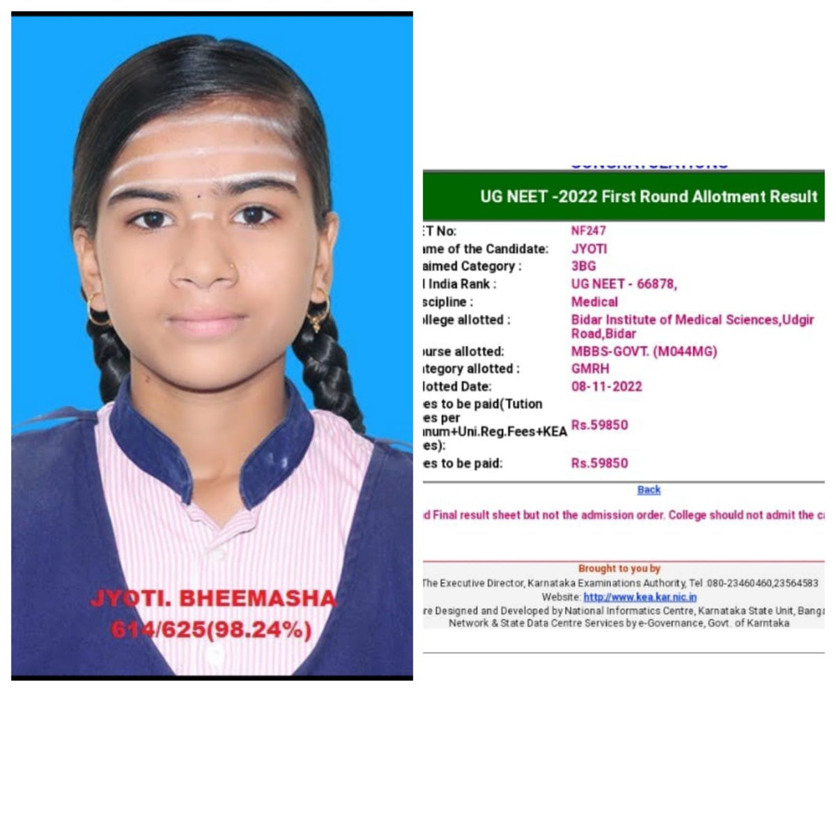 <a href="/Captain_Mani72/">Manivannan P 🇮🇳</a> Respected Sir our school alumni student Jyoti B.Murud got medical seat in first round, Congratulations to her achievement and spl thanks to u and  Kreis officer's for the care of educational development. 
Regards Anaveer Harasoor.