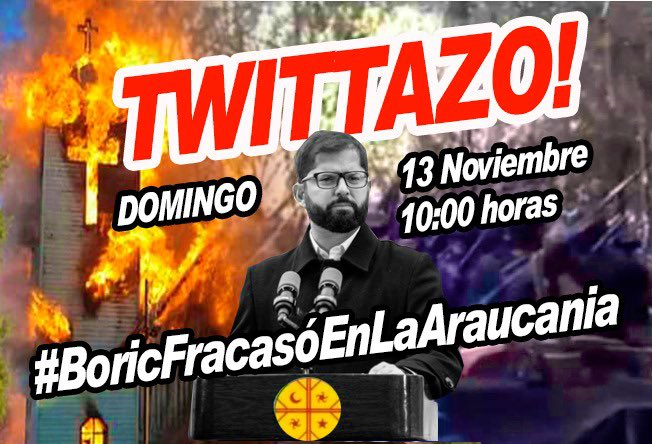 FcoMunoz_TP's tweet photo. Hoy Domingo súmate al gran Twittazo desde las 10:00 horas 
#BoricFracasóEnLaAraucania #MesaCentral @melnicksergio https://t.co/FaSVHvCM7q