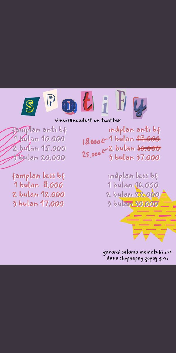 apazthy's tweet image. halo kak! yuk bisa banget spotify premium nya start 10k ke aku, trusted, amanah, kalau garansian ga nyampe 3 hari!
📧 dm @nuisancedust atau wa.me/6288972059067
