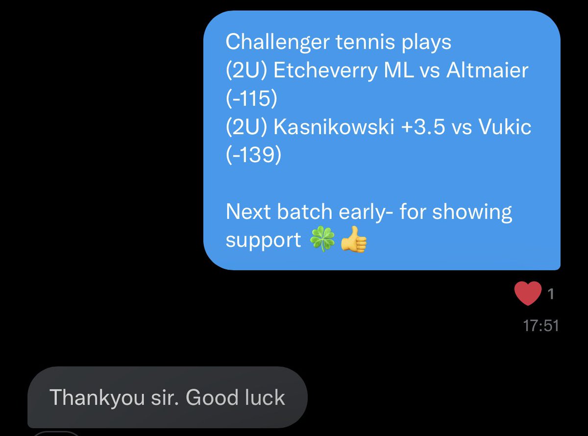 TennisWinnersO1's tweet image. Challenger tennis plays
(2U) Etcheverry ML vs Altmaier (-115)💵💵
(2U) Kasnikowski +3.5 vs Vukic (-139)💵💵

The first 20 likers cashed big to end the night🍀

Crushing the Challenger tour💵