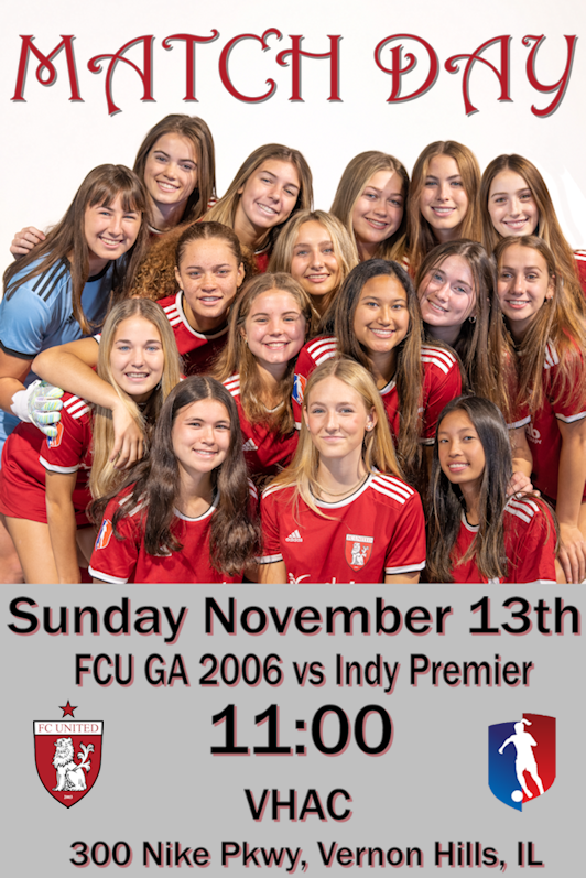 Last game at home until Spring!
Grab your parka and get out here!
🥶11:00AM 🥶
<a href="/ChicagoFCUnited/">Chicago FC United</a>
<a href="/IndyPremierSC/">Indy Premier SC</a>
<a href="/GAcademyLeague/">Girls Academy</a>
<a href="/ImYouthSoccer/">ECNL/GA/Recruiting/College Soccer</a>
<a href="/NUWSoccer/">Northwestern Soccer</a> 
<a href="/NDSoccer/">Notre Dame Women's Soccer</a> 
<a href="/NIUWomensSoccer/">NIU Women's Soccer</a>
<a href="/RamblersWSOC/">Loyola Women's Soccer</a>
<a href="/MarquetteWSOC/">MARQUETTE Soccer</a>
<a href="/IlliniSoccer/">Illinois Soccer</a>
<a href="/BadgerWSoccer/">Wisconsin Women’s Soccer</a>
<a href="/UIC_WSOC/">UIC Women's Soccer</a>
<a href="/DePaulWSOC/">DePaul Women’s Soccer</a>
<a href="/Redbird_Soccer/">Illinois State Soccer</a>