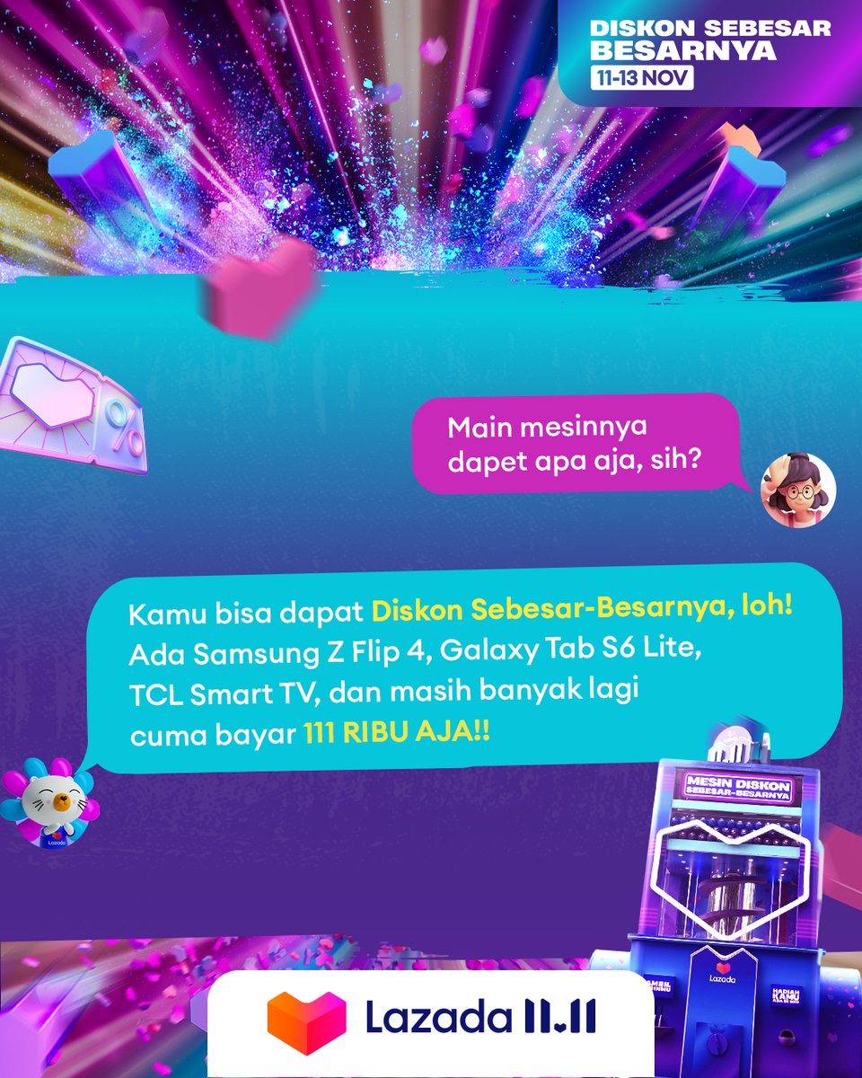 LazadaID's tweet photo. Lazadians, mimin kasih jawaban semua pertanyaan kamu soal Lazada 11.11 Mesin Diskon Sebesar-Besarnya, nih! Nah, kamu bisa langsung ke FX Sudirman karena TINGGAL HARI INI kamu bisa dapet Diskon Sebesar-Besarnya~
#LazadaID1111 #MesinDiskonSebesarBesarnya #TambahKeHidupmu #LazadaID https://t.co/cNkdPsY8Ic