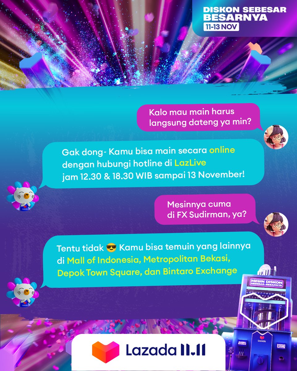 LazadaID's tweet photo. Lazadians, mimin kasih jawaban semua pertanyaan kamu soal Lazada 11.11 Mesin Diskon Sebesar-Besarnya, nih! Nah, kamu bisa langsung ke FX Sudirman karena TINGGAL HARI INI kamu bisa dapet Diskon Sebesar-Besarnya~
#LazadaID1111 #MesinDiskonSebesarBesarnya #TambahKeHidupmu #LazadaID https://t.co/cNkdPsY8Ic