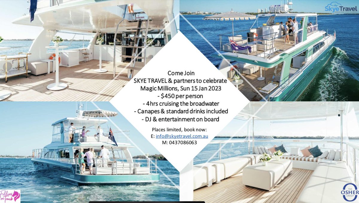 ashhjarvis's tweet photo. Come and join Skye Travel at Magic Millions 2023, private boat party, horse racing, sales and a lot of fun! Get in touch ☀️

#magicmillions #HorseRacing  #boatparty #fun  #sunshine https://t.co/bYJ7qdPZXU
