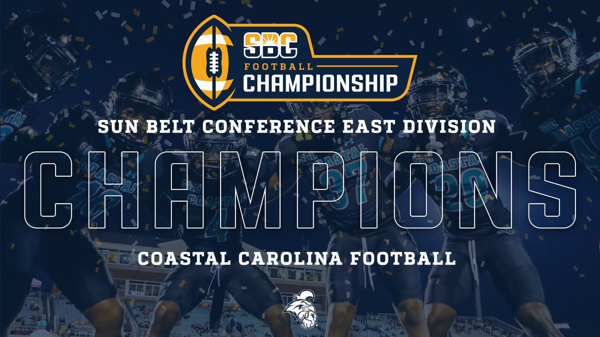 SunBelt's tweet photo. 𝗕𝗘𝗔𝗦𝗧 𝗢𝗙 𝗧𝗛𝗘 𝗘𝗔𝗦𝗧.

@CoastalFootball has earned the right to represent the @SunBeltFB East Division in the #SunBeltFB Championship Game for the second time over the past three seasons. ☀️🏈 https://t.co/9deKN5WKq7