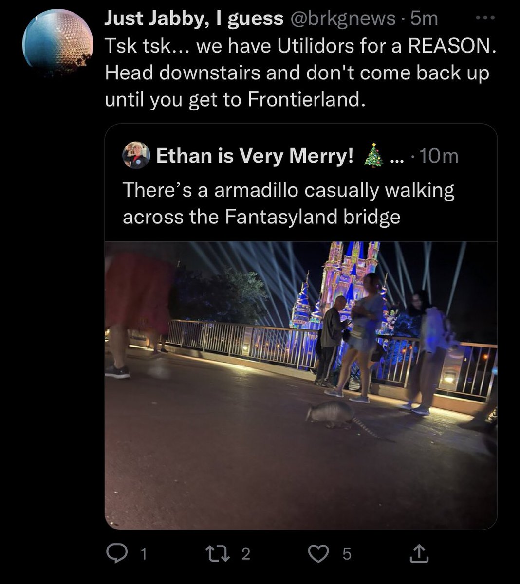 matoaka23's tweet photo. BREAKING. Armadillo fired from Walt Disney World shortly after twitter accounts post photos of them onstage heading to clock out https://t.co/m08N6gU53r