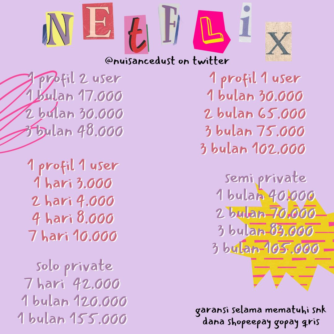 apazthy's tweet image. halo kak! yuk bisa banget netflix premium nya start 17k ke aku, trusted, amanah, kalau garansian ga nyampe 3 hari!
📧 dm @nuisancedust atau wa.me/6288972059067
