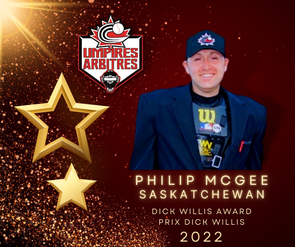 The recipient of the Dick Willis umpire of the year award in 2022 is Philip McGee from Saskatchewan. Congratulations on a tremendous season.
Le gagnant du prix Dick Willis pour l'arbitre de l'année en 2022 est Philip McGee, Sask. Félicitations pour une saison exceptionnelle.