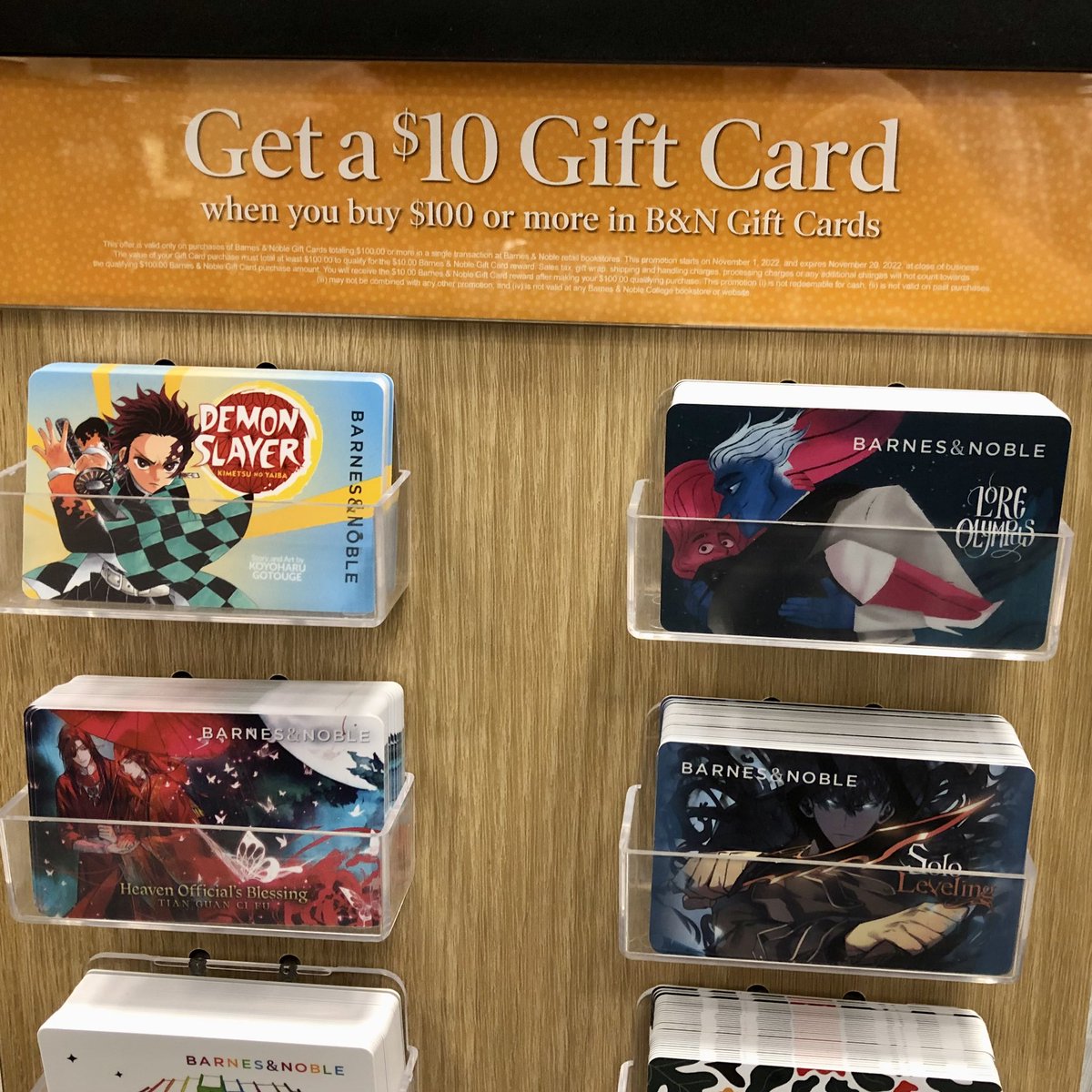 For a limited time, get a $10 gift card when you buy $100 or more in #bngiftcards! The perfect gift. 🎁 And look at these fun designs that came in with our selection of holiday-themed #giftcards. 

#manga #demonslayer #heavenofficialsblessing #loreolympus #sololeveling #142bn