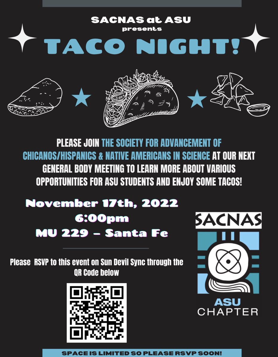 Hello everyone! We are hosting a taco night on November 17th, and we would love to have everyone there!
This will give everyone a chance to meet each other, and it will provide us a little bit of time to discuss our future for the rest of this semester and next! See you there!
