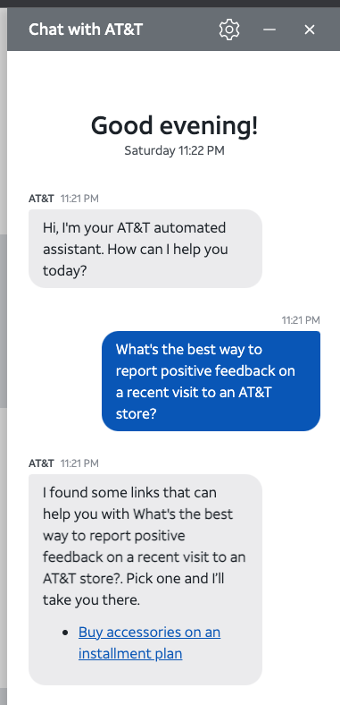 jwkovell's tweet photo. It looks like @ATT quite literally doesn't know how to take a compliment. Don't worry, though, I eventually found the correct web form. https://t.co/vlWN8lRKb3