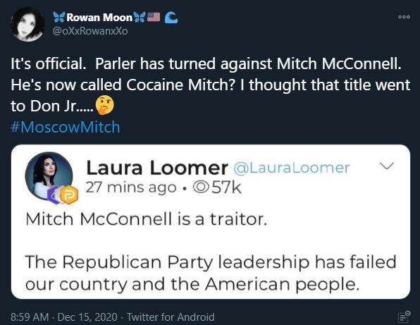 AEGISAllianceTM's tweet photo. Parler started calling Mitch McConnell #CocaineMitch in 2020, a funny nickname besides just #MoscowMitch. If MAGAts don't want #McTurtle to be Senate majority leader anymore, odds are it's the same for minority leader. Maybe GOP obstruction will stop if even only by a little. https://t.co/e6wreyRuG8