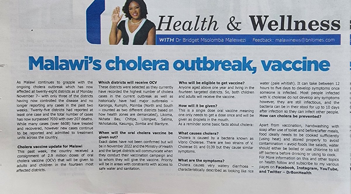 DrBonHealth's tweet photo. This past week 2.9 Million doses of Cholera Vaccine arrived in Malawi - the vaccine is an oral dose (ie given in the mouth) for both children and adults and will be given in the 14 most affected districts of the current Cholera Outbreak. As published in today's Malawi News. https://t.co/C8yoFnUt7E