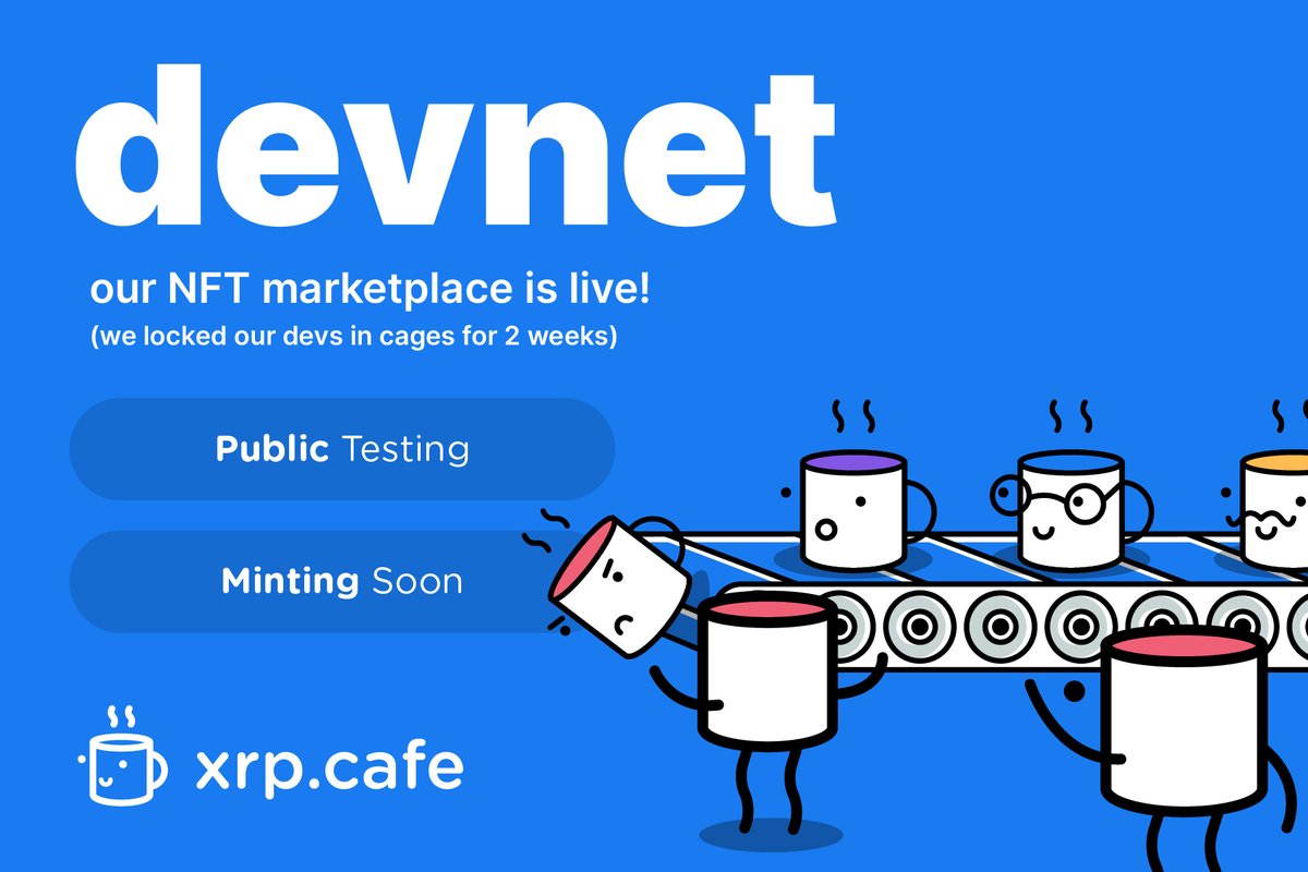 📢 We have officially launched our NFT marketplace for public testing (devnet) 🎉

Help break our test server 😆
 💻  devnet.xrp.cafe

Instructions in Discord
 📝  discord.gg/xrpcafe

IOU to NFT mint coming 🔜
Thanks for your patience 💙