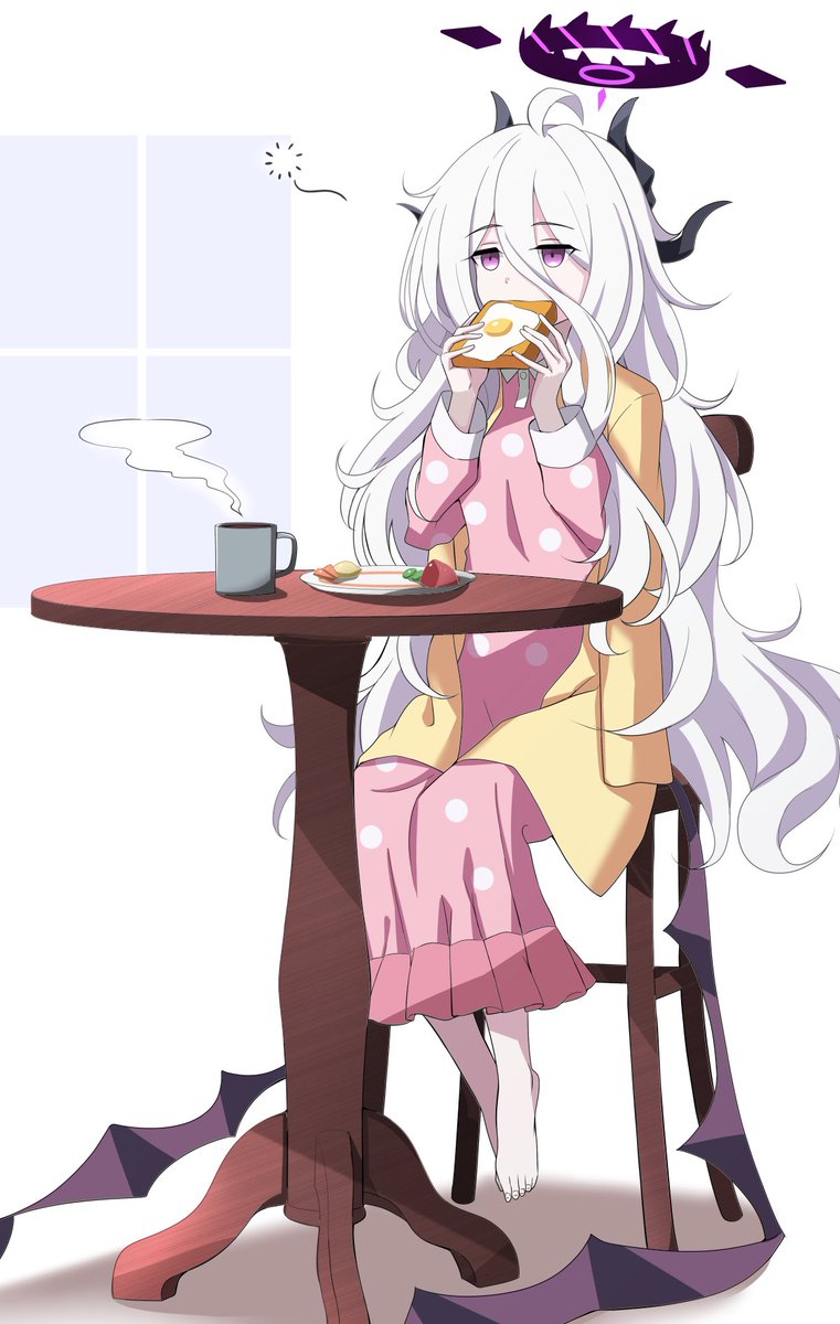 hina (blue archive) 1girl pajamas food horns long hair white hair purple eyes  illustration images