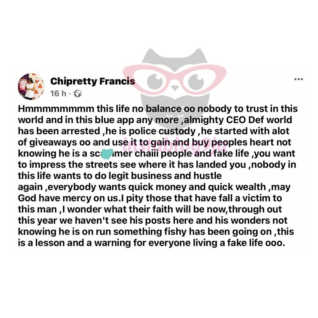 "Motivational speaker and ponzi scheme operator, Bright Ezeigbo arrested after absconding with investors' monies worth millions of Naira."
~ InstaBlog9ja

Me: las las, Grant handlers wey no do d disbursement wey dem promise go end up like this Ezeigbo guy.
#DisburseNowOrGoToJail