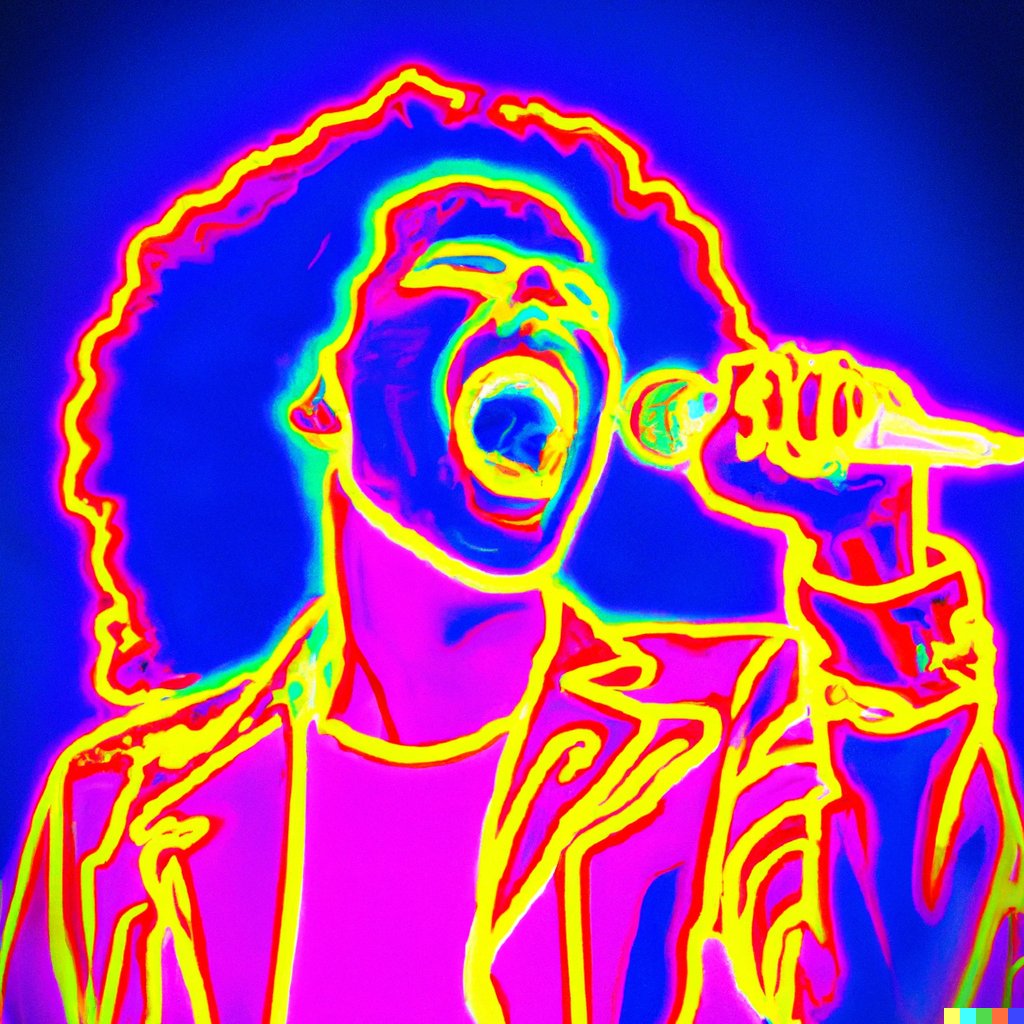 NebbyOtt's tweet photo. @egoraptor I'm playing around with an AI picture generator, and I got some good ones, including some emotional art of Dan singing with neon lighting, and the AI's response to "Arin Hanson is a big dumb baby man" that absolutely kills me https://t.co/hHnKKPDpTx