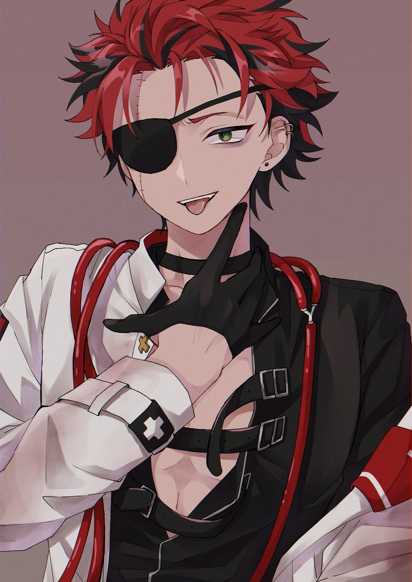 1boy male focus red hair eyepatch solo gloves tongue  illustration images