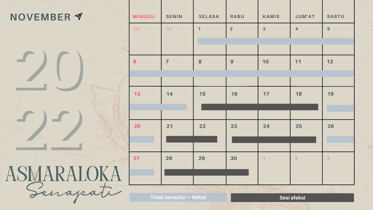 WARTA SENAPATI: SESI DI BULAN NOVEMBER.

Pasca rehat di pekan awal bulan November, berikut jadwal lengkap mengenai sesi afeksi bersama Senapati di bulan ini. Terima kasih telah mempercayakan waktunya untuk dibagi bersama Senapati, semoga dapat berjumpa di lain kesempatan.