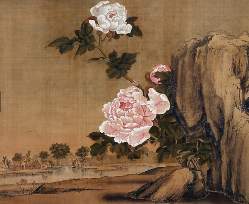 小田野直武（1749～1780）「岩に牡丹」
一見ボタンを描いた日本画ですが、構図は洋画の遠近法で背景にはオランダの水郷地帯が描かれています。
#秋田県立近代美術館 #アート好きな人と繋がりたい