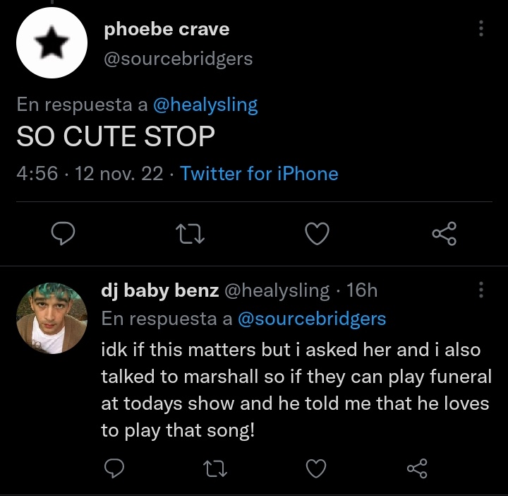 healysling's tweet photo. cuando conocí a phoebe y a marshall les pedí que añadieran funeral al setlist, en el show de hoy ella dijo que no solían tocarla pero que fue una petición especial 

te amo todos los días de mi vida @phoebe_bridgers <3 https://t.co/bqwdNniV0j