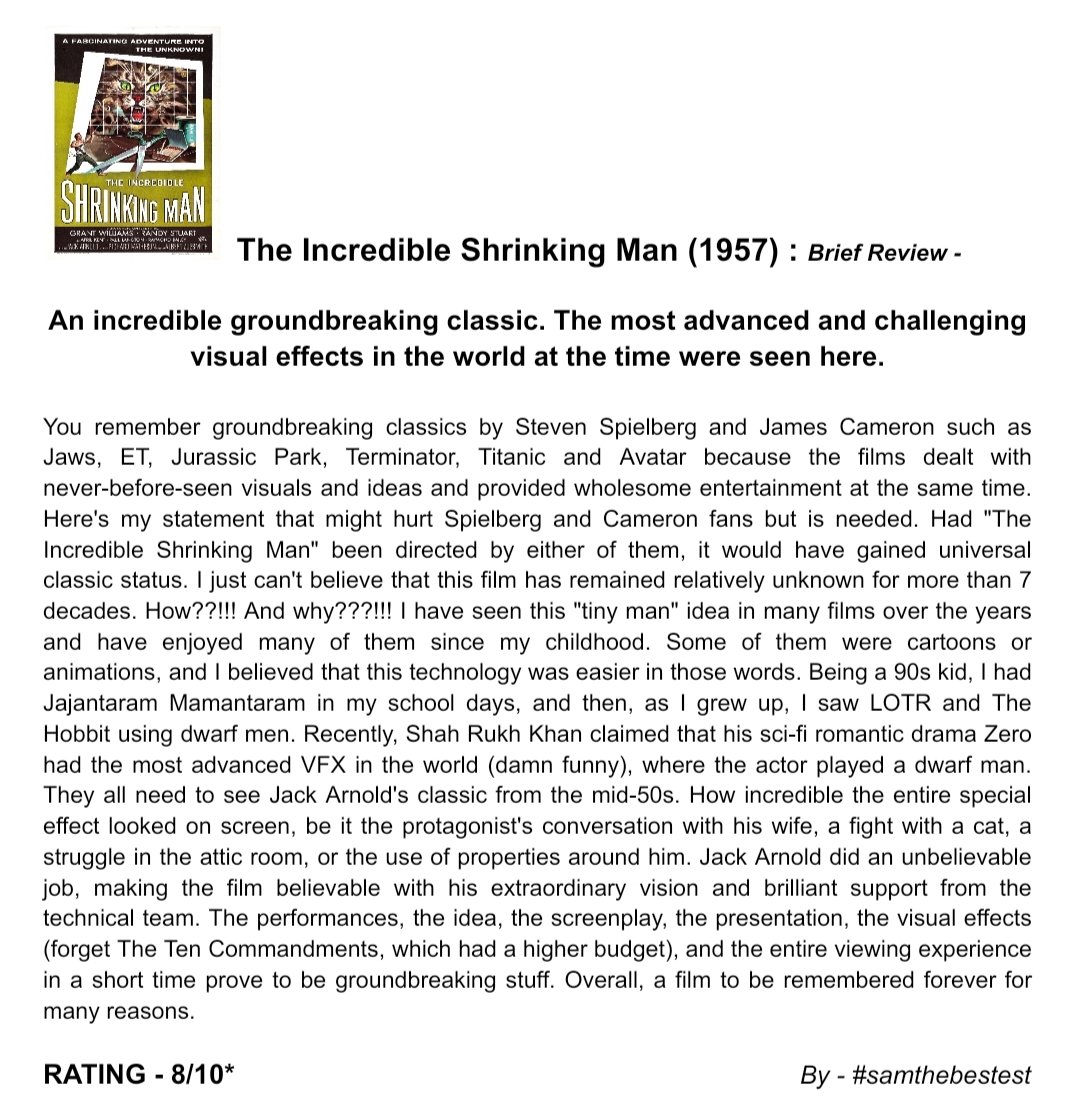 SAMTHEBESTEST_'s tweet photo. Watched #TheIncredibleShrinkingMan (1957) :
An incredible groundbreaking classic. The most advanced & challenging visual effects in the world at the time were seen here.
RATING - 8/10*
#jackarnold #grantwilliams #randystuart #aprilkent #paullangton
#raymondbailey #billycurtis https://t.co/jXsWWPeSW8