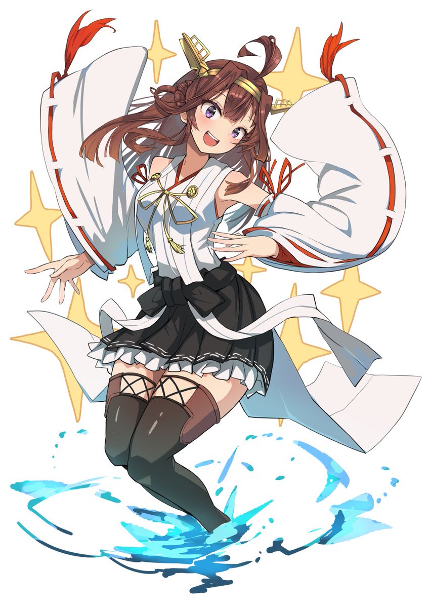 kongou (kancolle) 1girl solo long hair brown hair ahoge skirt thighhighs  illustration images