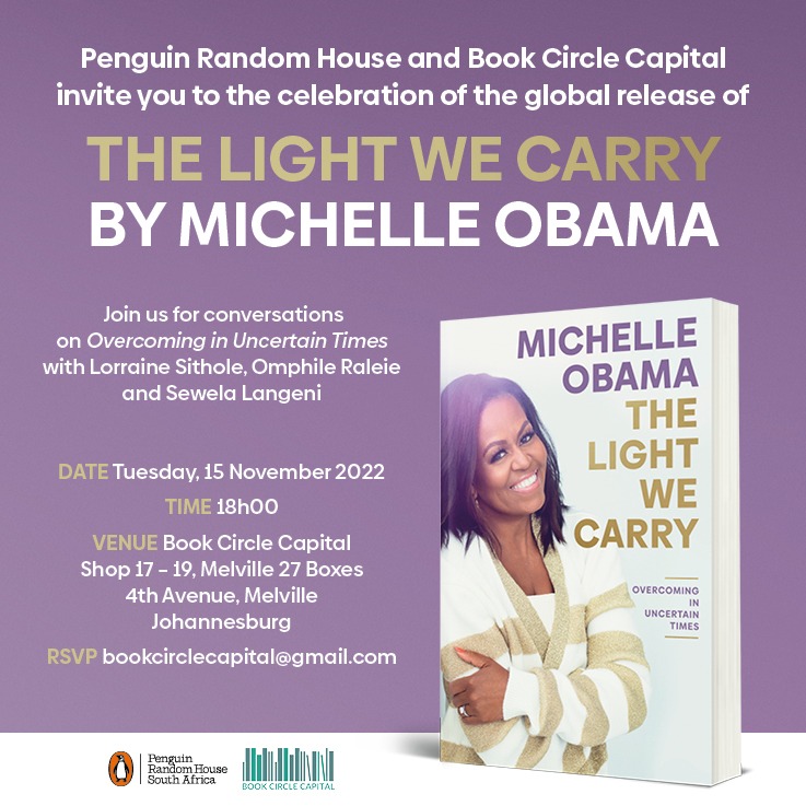 LS3841's tweet photo. 15 Nov | 18h00 | We are @book_capital where we will talk about how THE LIGHT WE CARRY helps us overcome in uncertain times.

Books will be available from Book Circle Capital on the day.

New book alert: THE LIGHT WE CARRY - Overcoming In Uncertain Times, Michelle Obama. https://t.co/2TzDAd8Fa4