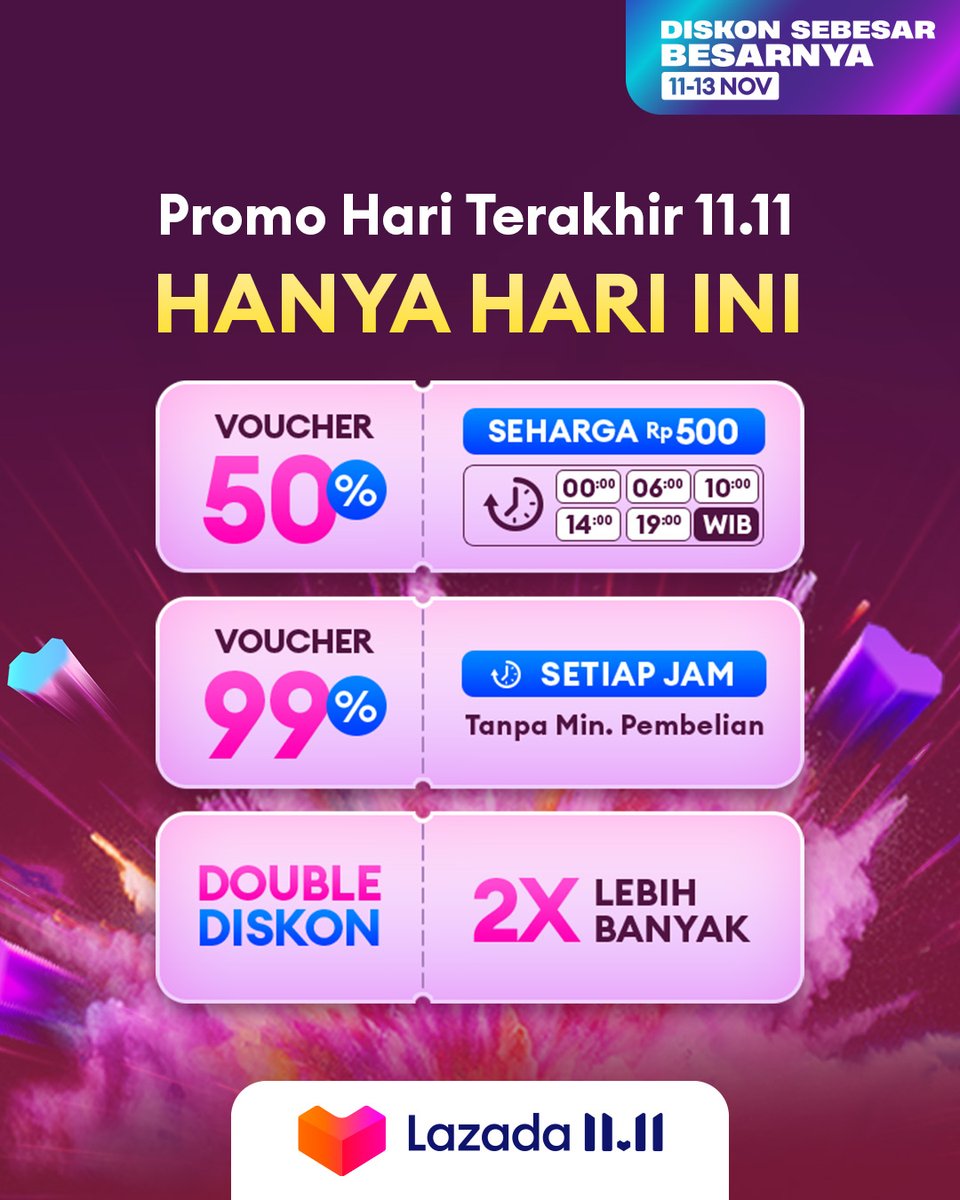 LazadaID's tweet photo. Promo mantul HANYA HARI INI di Lazada 11.11 Diskon Sebesar-Besarnya bisa dapetin Voucher 50%, Voucher 99% dan Double Diskon! Yuk, meluncur beli di sini: https://t.co/PtnjkLPsjM

#LazadaID1111 #DiskonSebesarBesarnya #TambahKeHidupmu #LazadaID https://t.co/lZp7fC3fHF
