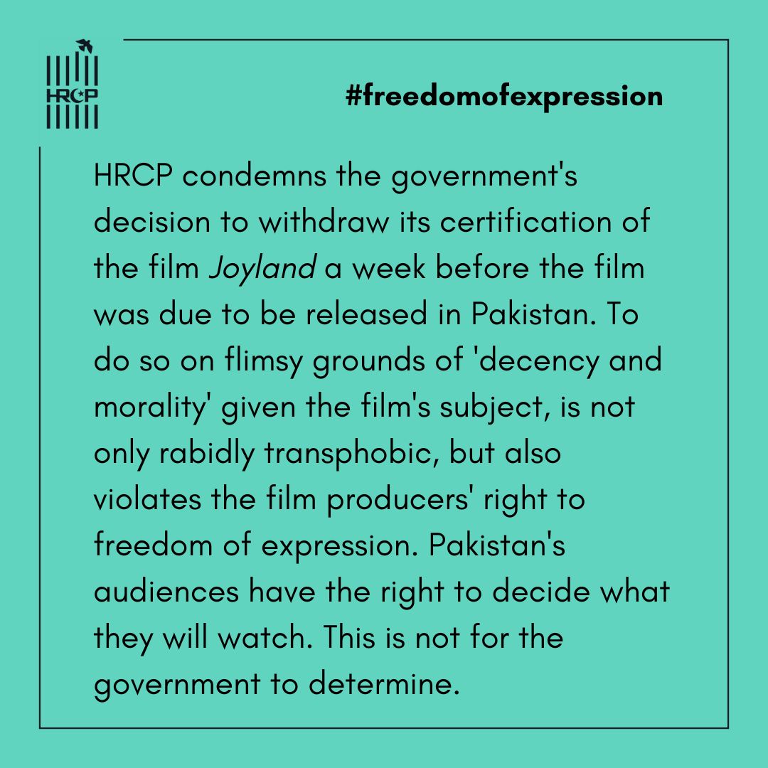 Human Rights Commission of Pakistan (@hrcp87) on Twitter photo HRCP condemns the government's decision to withdraw its certification of the film #Joyland a week before the film was due to be released. To do so is not only rabidly transphobic, but also violates the film producers' right to freedom of expression.
<a href="/KhoosatFilms/">Khoosat Films</a> <a href="/SenatorMushtaq/">Senator Mushtaq Ahmad Khan | سینیٹر مشتاق احمد خان</a> HRCP condemns the government's decision to withdraw its certification of the film #Joyland a week before the film was due to be released. To do so is not only rabidly transphobic, but also violates the film producers' right to freedom of expression.
<a href="/KhoosatFilms/">Khoosat Films</a> <a href="/SenatorMushtaq/">Senator Mushtaq Ahmad Khan | سینیٹر مشتاق احمد خان</a>
