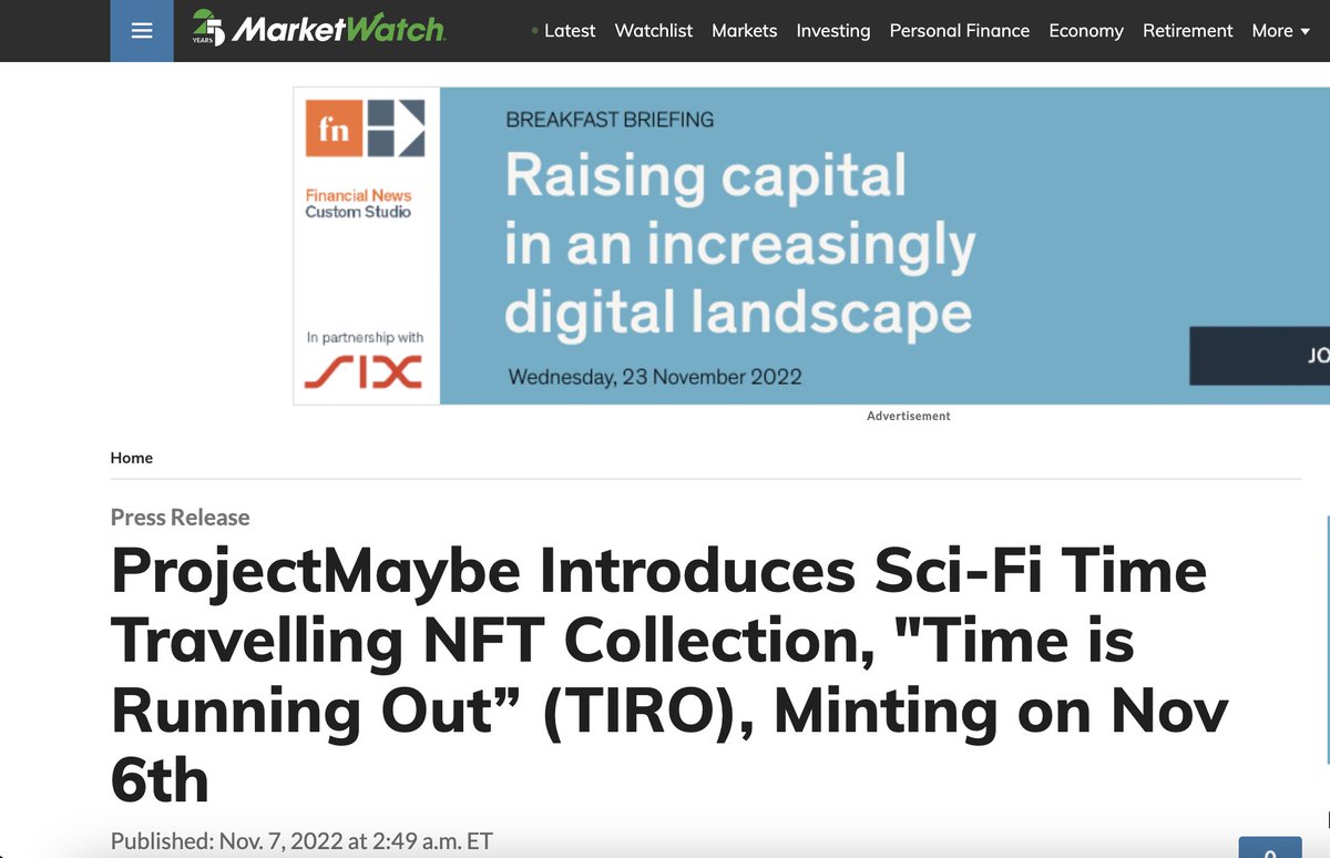 TIRO NFTs were mentioned MarketWatch, Digital Journal, International Business Times, Fox40, StreetInsider, and many more! LFG! 🚀🚀🚀
marketwatch.com/press-release/…

#nft #nfts #nftcommunity #FreeMints