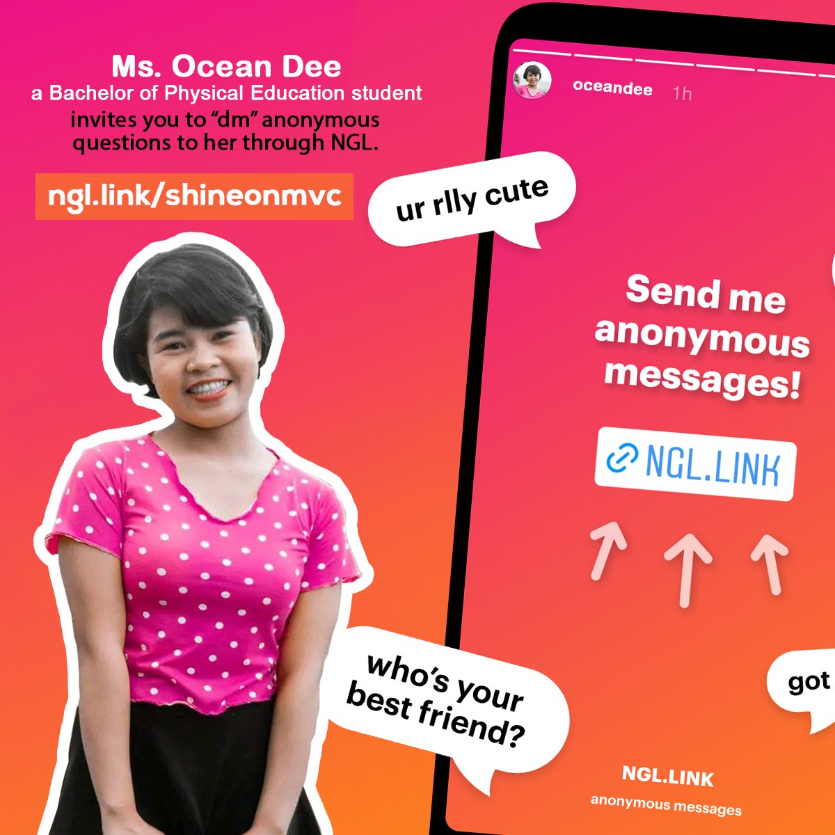 shineonmvc's tweet photo. How well do you know your schoolmate? You can always find out more! Ms. Ocean invites you to "dm" anonymous questions to her through NGL. Tap in now!

She will answer your questions through a short video. The video will be uploaded in the official TikTok.

https://t.co/C6G3zcVujN https://t.co/DDaaxErcBn