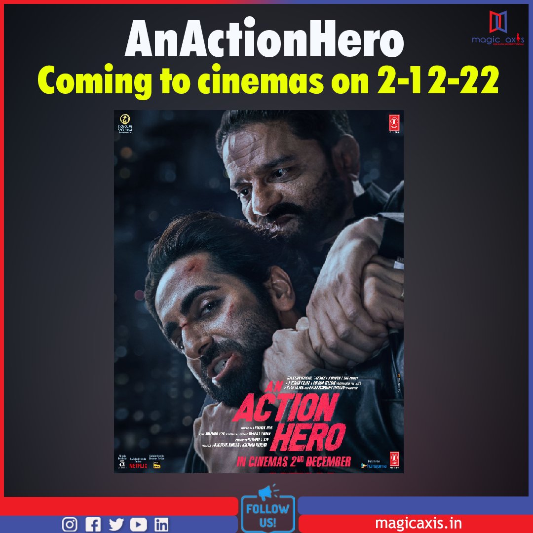 #AnActionHero Coming to cinemas on 2-12-22
@ayushmannk #AnirudhIyer @aanandlrai #BhushanKumar @JaideepAhlawat #KrishanKumar #NinadKhanolkar #Kanupriyaaiyer #ShivChanana