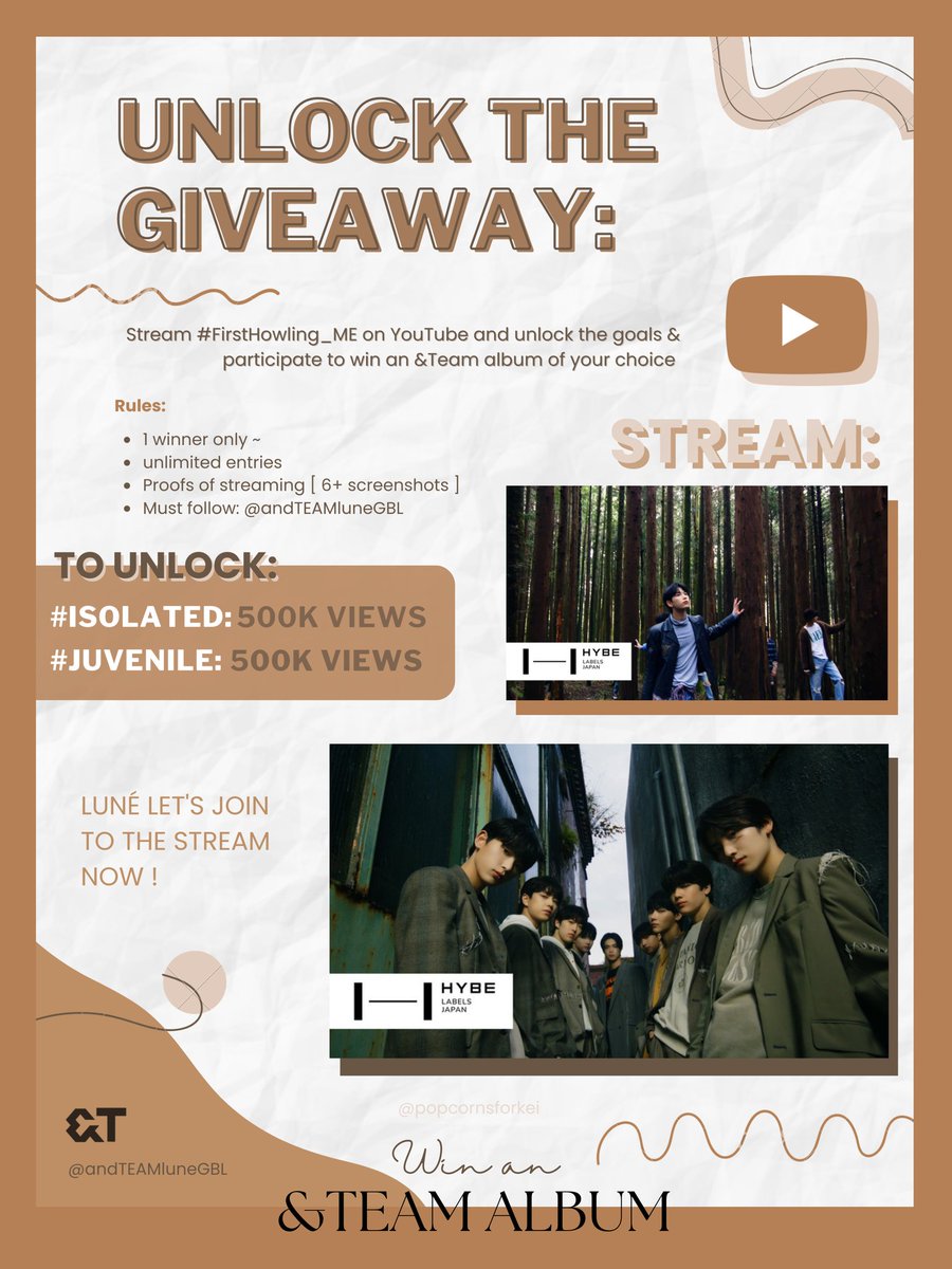 &TEAM LUNÉ GLOBAL (@andteamlunegbl) on Twitter photo 🌐ATTENTION🌐
UNLOCK GOALS for an &TEAM ALBUM GIVEAWAY of your choice (free sf ww)
▶1 winner only
▶Unlimited entries
▶STREAM & UNLOCK
#ISOLATED 500K views
#JUVENILE 500K views
▶mbf <a href="/andTEAMluneGBL/">&TEAM LUNÉ GLOBAL</a>
▶Proofs of streaming 6 or more ss
▶LIKE, SHARE & RT
#andTEAM 🌐ATTENTION🌐
UNLOCK GOALS for an &TEAM ALBUM GIVEAWAY of your choice (free sf ww)
▶1 winner only
▶Unlimited entries
▶STREAM & UNLOCK
#ISOLATED 500K views
#JUVENILE 500K views
▶mbf <a href="/andTEAMluneGBL/">&TEAM LUNÉ GLOBAL</a>
▶Proofs of streaming 6 or more ss
▶LIKE, SHARE & RT
#andTEAM