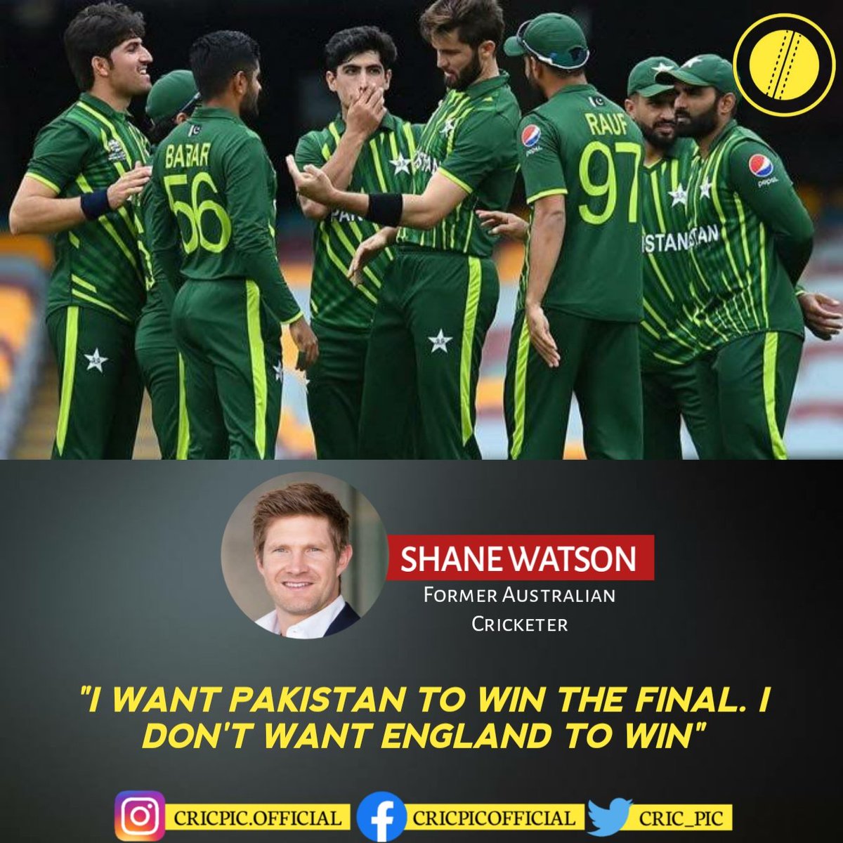 Shane Watson 'I want Pakistan to win the final. I don't want England to win.' #T20WorldCupFinal
#ShaneWatson #PakvEngFinal #T20WorldCup2022 #CricPic