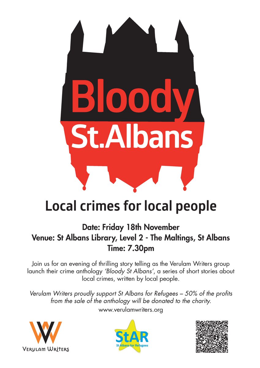 Bloody St Albans is released from captivity on Friday 18th Nov with a free event at St Albans Library where VW members and bestselling authors @MsRachaelBlok <a href="/HowardLinskey/">Howard Linskey</a> and <a href="/CrimeCandy/">Candy Denman</a> will be reading their grisly contributions. Join us, and pick up a copy. #stalbans