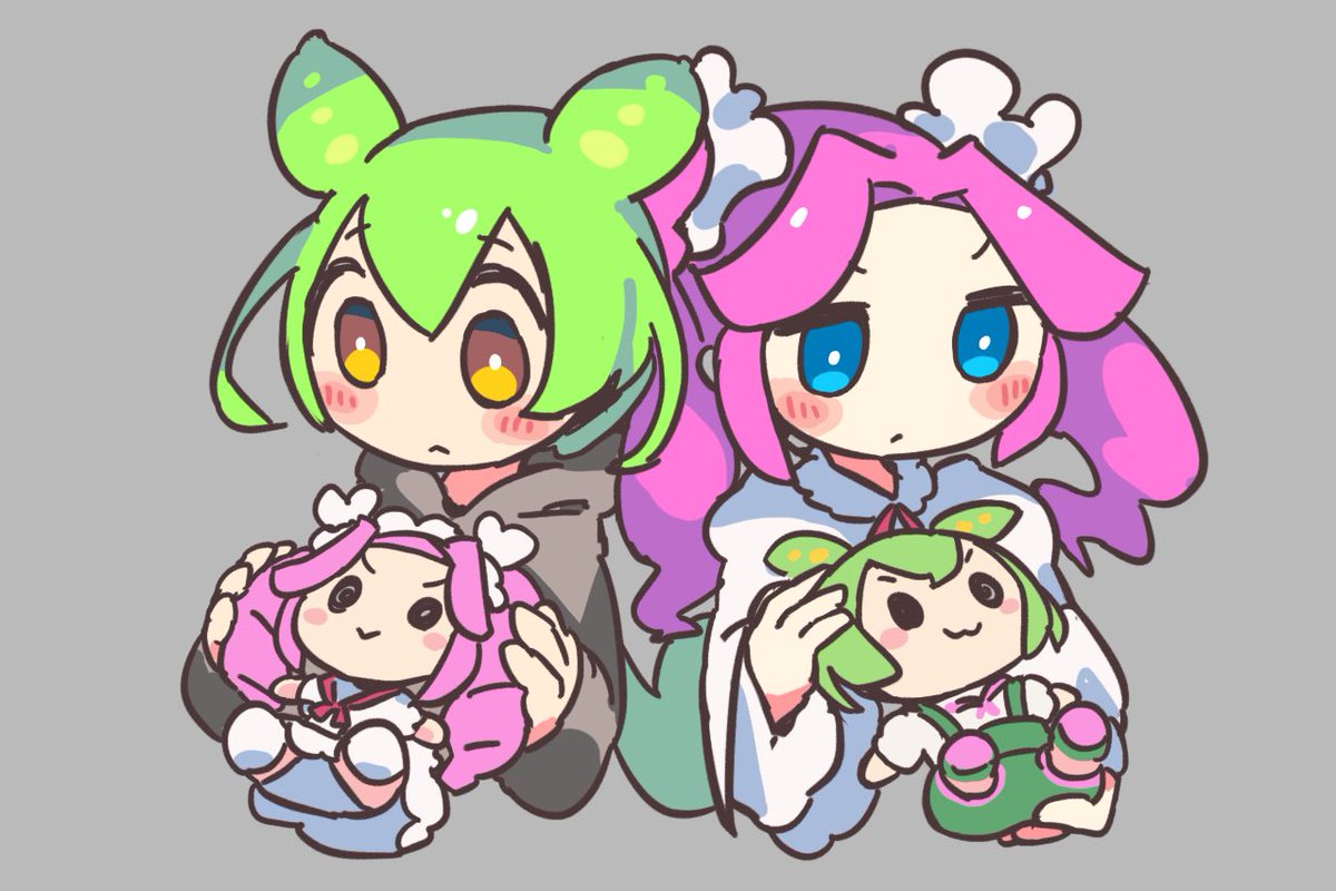 multiple girls 2girls green hair blue eyes pink hair character doll hood  illustration images