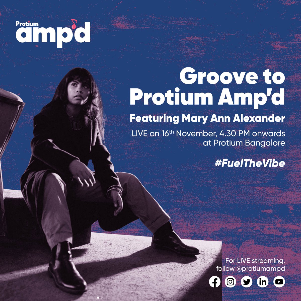 ProtiumAmpd's tweet photo. We are back to where it all started. Bengaluru, Protium Amp'd is back, bringing a chill R&amp;B vibe to your ears by Mary Ann Alexander. This wednesday, 16th Nov, we want you to join the tribe from 4.30PM onwards 
https://t.co/1sdMZwDlPb
#ProtiumAmpd #FuelTheVibe #IndieArtists https://t.co/Blwe04exDW