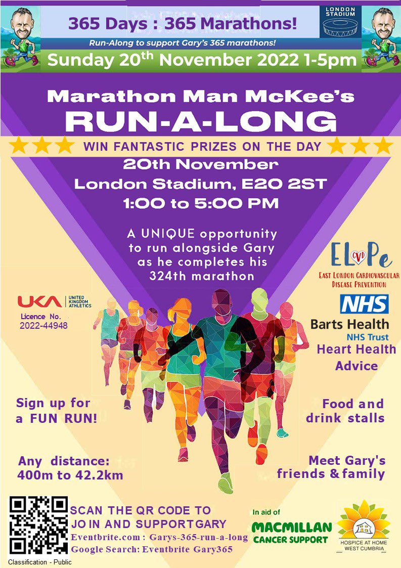 ONE WEEK TO GO!! 🔔🏃🏻‍♂️🏃🏾‍♀️

Sign up here: eventbrite.co.uk/e/garys-365-ru…

It’s going to be an amazing day for a truly inspiring cause - any donation amounts greatly appreciated 💜💜

#GaryMckee #MarathonGary #Marathon #Running #RunALong #Funrun #London #Charityrun