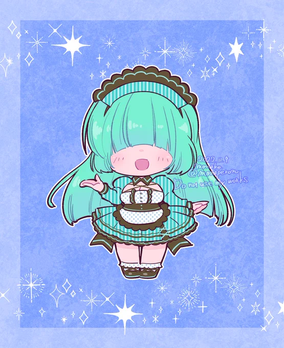 【創作メカクレちゃん資料提出用ツイート】チョコミントモチーフのうちの子ちゃん。眠兎 千夜子(みんと ちよこ)さん。実家の喫茶店でお給仕している。お店自慢のママ手作りケーキをホールのまま食べるのが大好き 