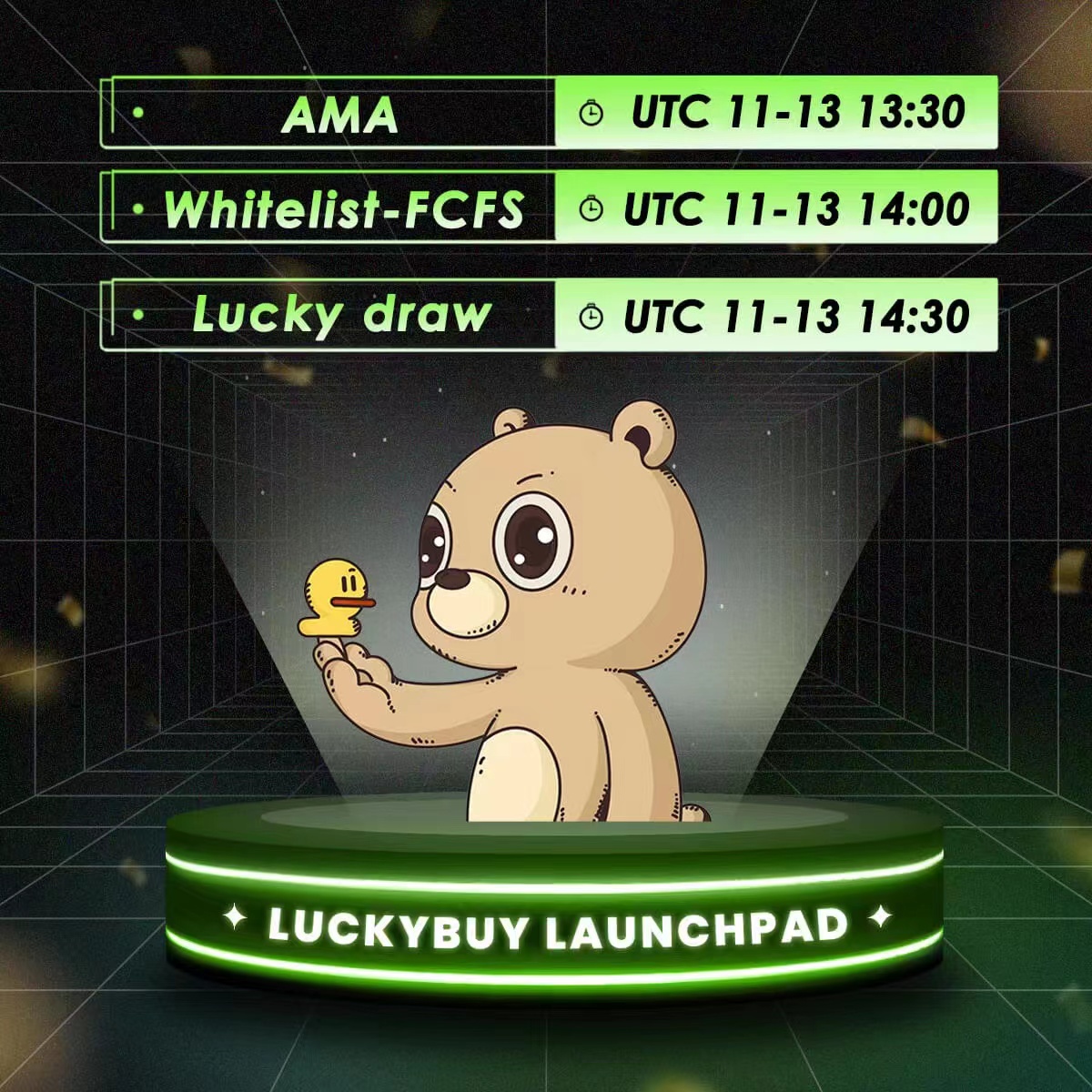 dudulabNFT's tweet photo. Guys! This is DUDU!🐻

Today I'd like to introduce my new family - @LuckyBuy_io !🐘

LuckyBuy LaunchPad will have a big surprise today - 250 WLs for DUers!🎁

🎤AMA 11/13 13:30 UTC ➡ https://t.co/4uCQMo2JRQ

🎉Whitelist- FCFS 11/13 14:00 UTC 
✨Lucky draw 11/13 14:30 UTC https://t.co/TwLlUKdx36
