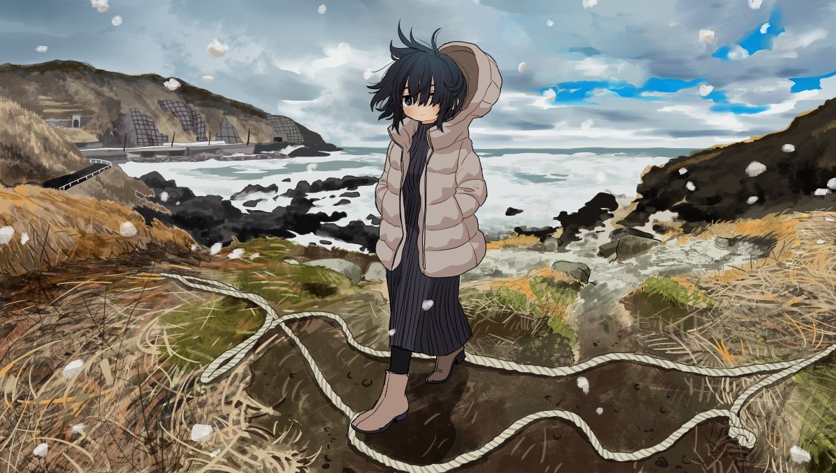 1girl solo hood outdoors black hair hands in pockets boots  illustration images