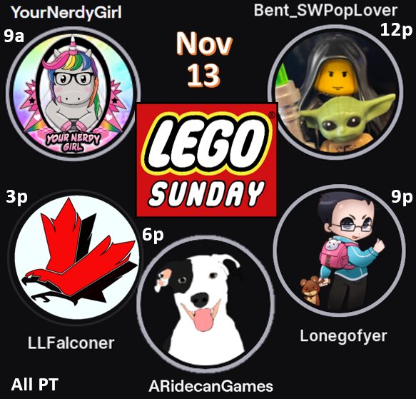 #LEGOSunday Raid Train Time🧱🚂
#LEGO, Positivity & Chill Chat

9a @_yournerdygirl_
12p @Bent_SWPopLover
3p @llfalcon
6p @AridecanG
9p @lonegofyer
All PT

Twitch.tv/yournerdygirl
Twitch.tv/Bent_SWPopLover
Twitch.tv/LLFalconer
Twitch.tv/ARidecanGames
Twitch.tv/Lonegofyer