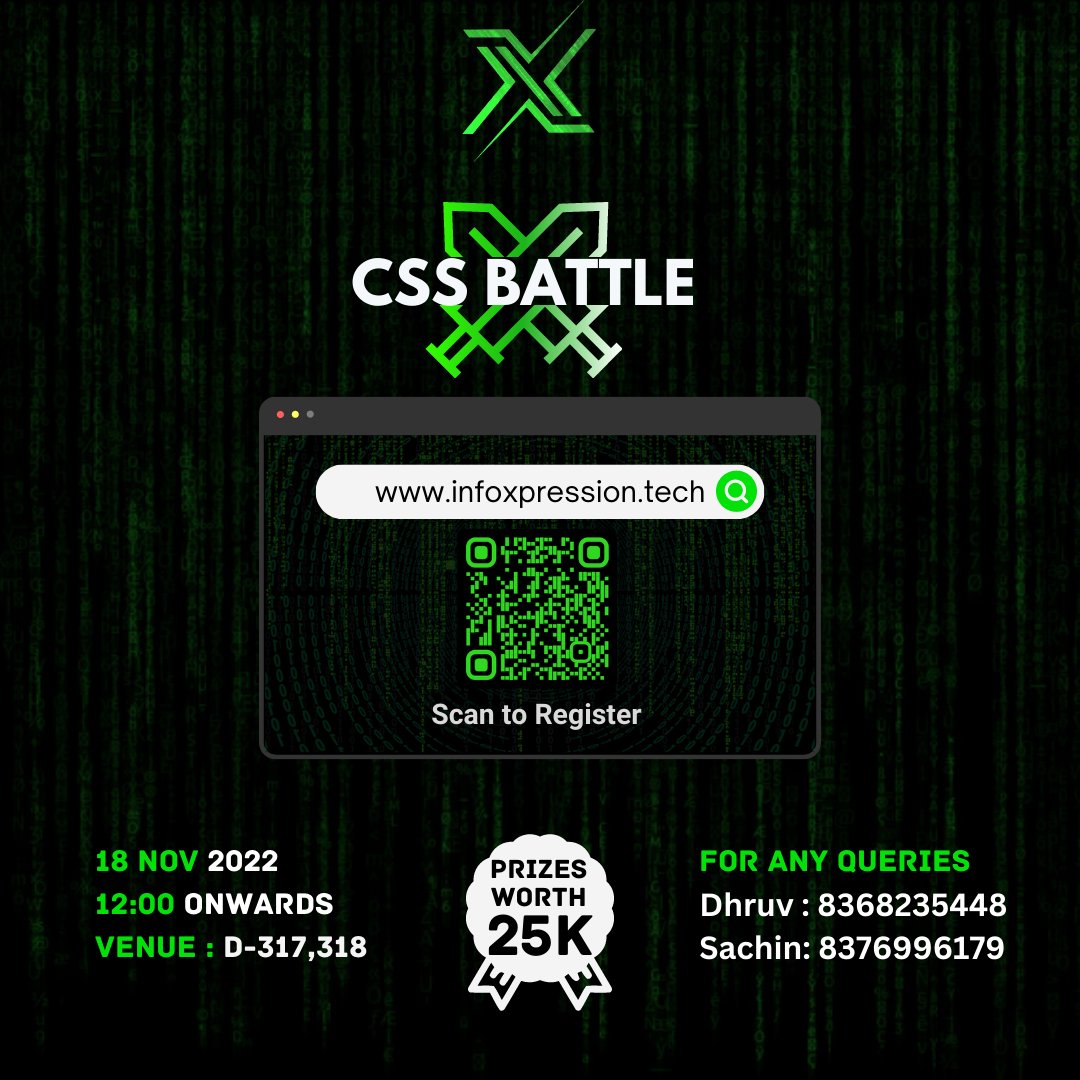 infoxpression_'s tweet photo. CSS BATTLE

Venue : D317-318
Date : 18th November
Time : 12:00 PM

#infox #ix22 #infoxpression #techfest #css #html #website https://t.co/lreGMrhddf